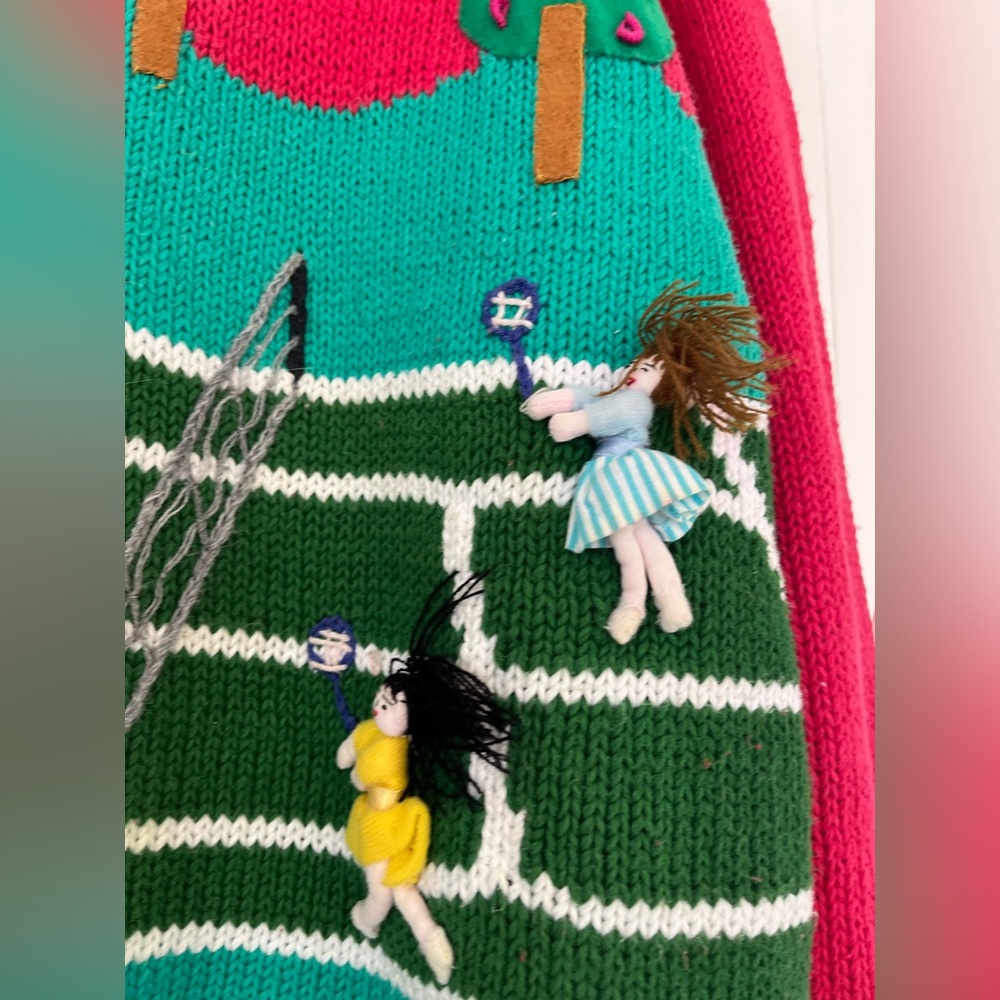 Vintage Cotton 3D Women's Red Tennis Scene Sweater Medium Large - Picture 9 of 14